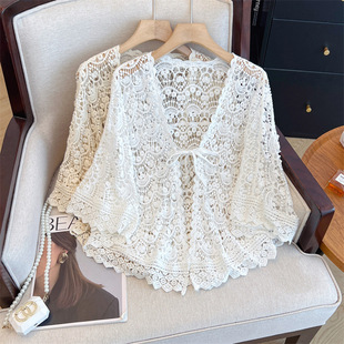 V-Neck Crochet Hollow Knitted Cardigan Jacket for Women 2025 Summer Plus Size Fat mm Suspender Skirt with Shawl Top