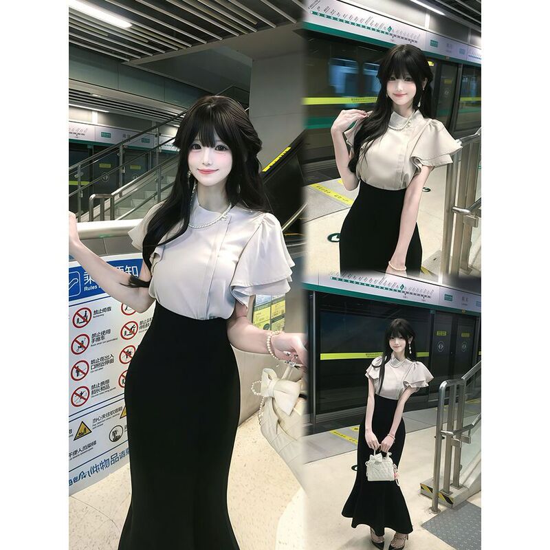 In Stock: Pearl and Black Clear Style Japanese Sweet Top and Black Fishtail Skirt Two-Piece Set, New Summer Style for Women In Stock: Pearl and Black Clear Style Japanese Sweet Top and Black Fishtail Skirt Two-Piece Set, New Summer Style for Women