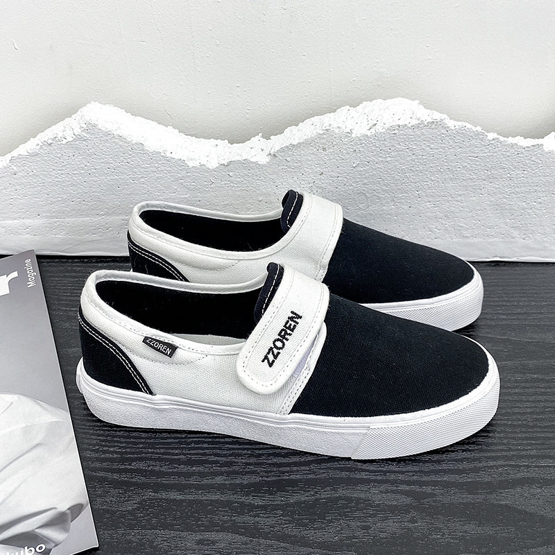 Zzoren Joint Model Black and White Slip-On Velcro Low-Top Men's and Women's Shoes Couple Style Student Canvas Sneakers