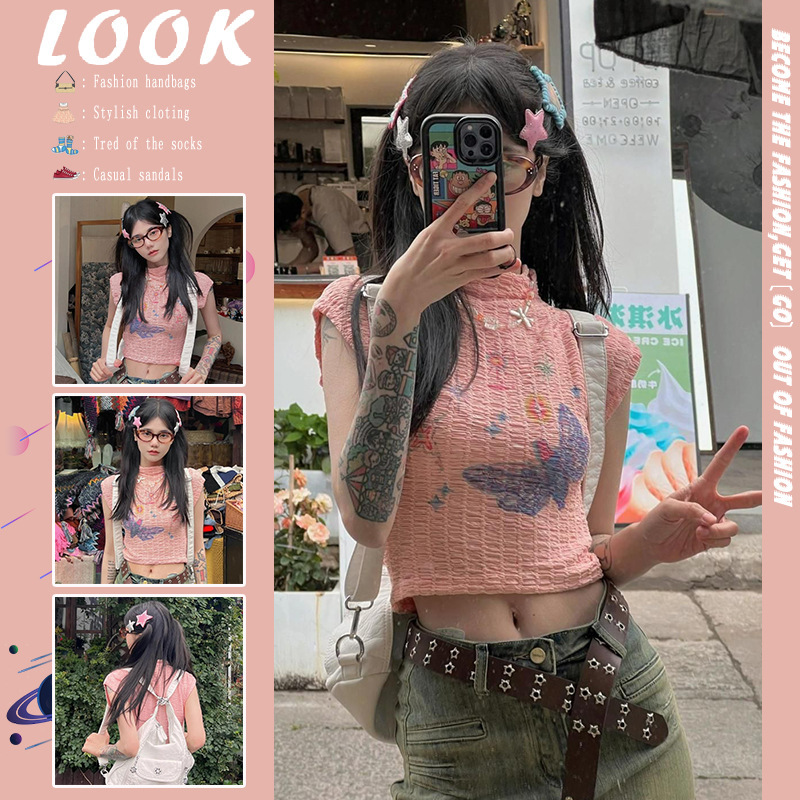 Dopamine Half-High Collar Slim-Fit Regular Shoulder Sleeveless T-Shirt for Women, Summer Hot Girl Petite High-Waisted Short Crop Top