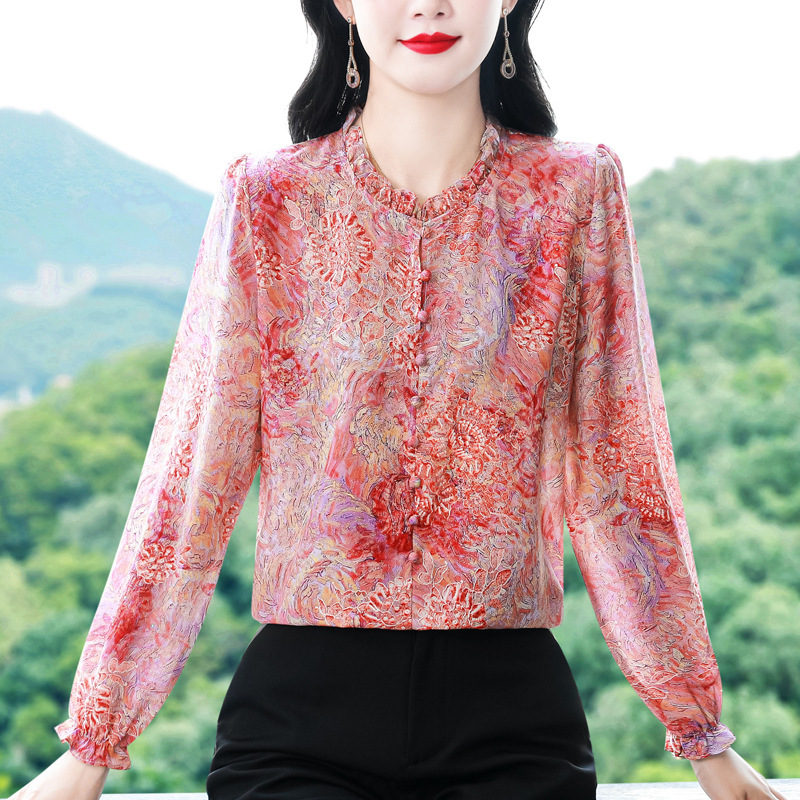 2025秋季新款长袖烫金印花桑蚕丝雪纺衬衫气质大码洋气女装批发|undefined