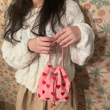韩国刺绣爱心抽带粉色手提包女2024春夏新款单肩斜挎迷你水桶包包