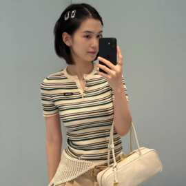 2026春季新款南油高货原标MIU缪家绿黑色条纹短款针织短袖女装
