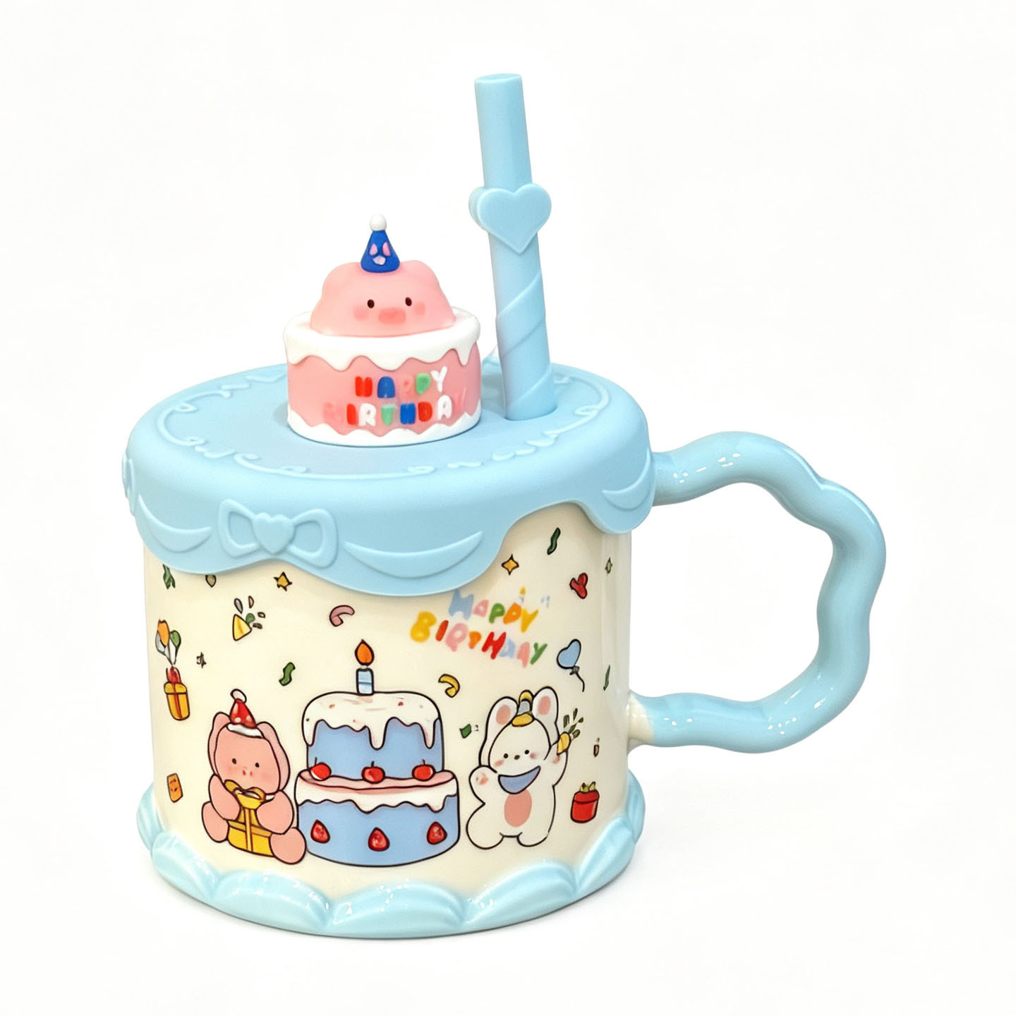 Bonita tarta de cumpleaños de dibujos animados marca taza de agua potable casera taza de paja de oficina de alta cara de taza de cerámica para niñas