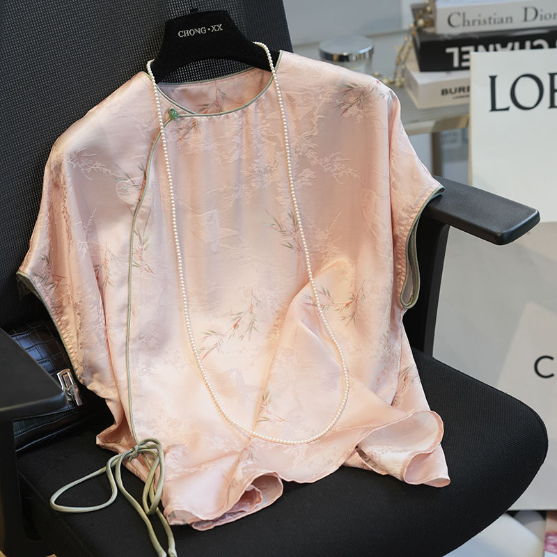 New Chinese Style National Style High-end Short-sleeved Bat-sleeved Shirt Women's 2024 Summer New Arrival Button Round Neck T-Shirt Top