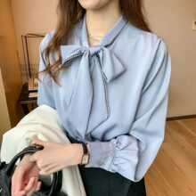 衬衫女2025春季新款仿缎面雪纺衫女蝴蝶结宽松长袖洋气衬衣上衣