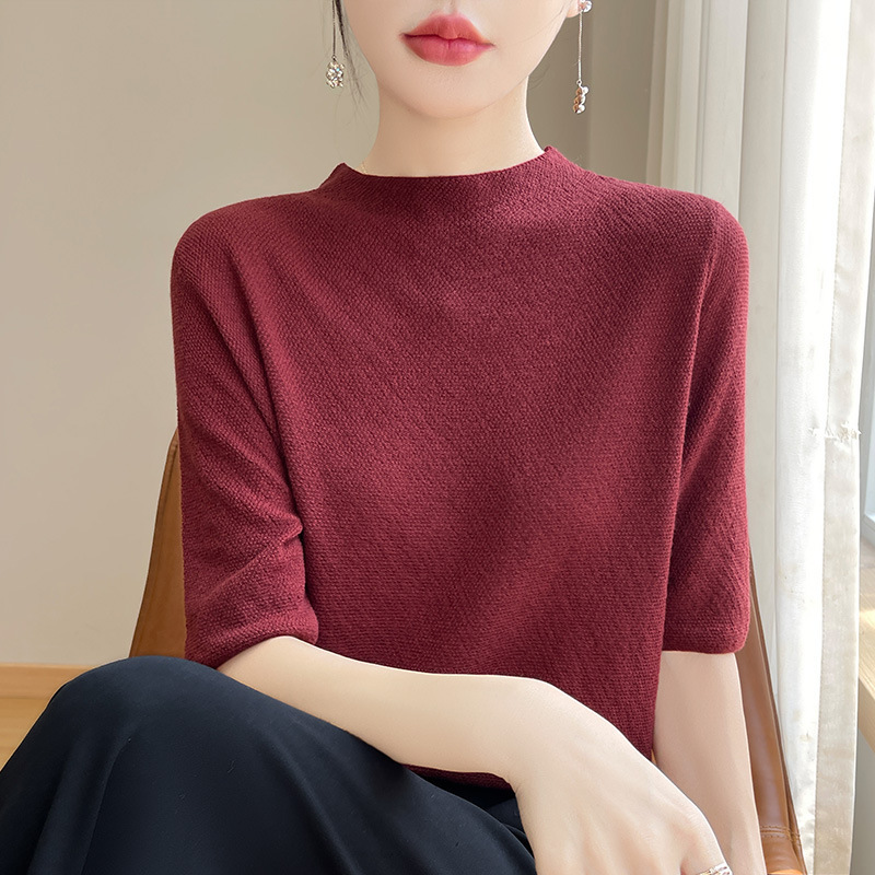 【メーカー直供】天糸半高襟ニット半袖tシャツ女性夏純色ファッション痩せ氷糸上着|undefined