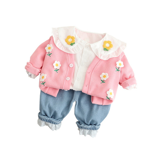 Baby spring and autumn clothing  new girls sweet cardigan three-piece set for small and medium-sized children casual children's suit hair