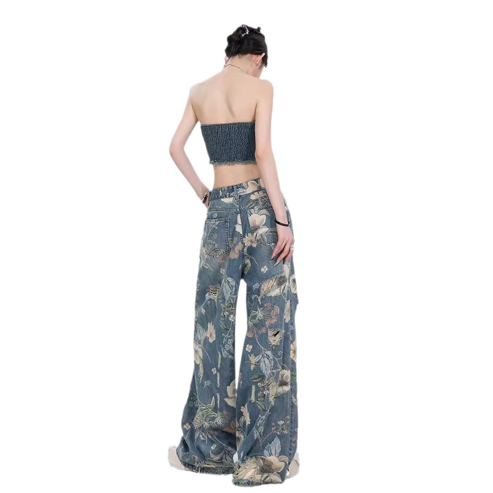 American Style Retro Printed Ripped Jeans Women's 2024 Summer New Loose Straight Long Pants with Wide Legs