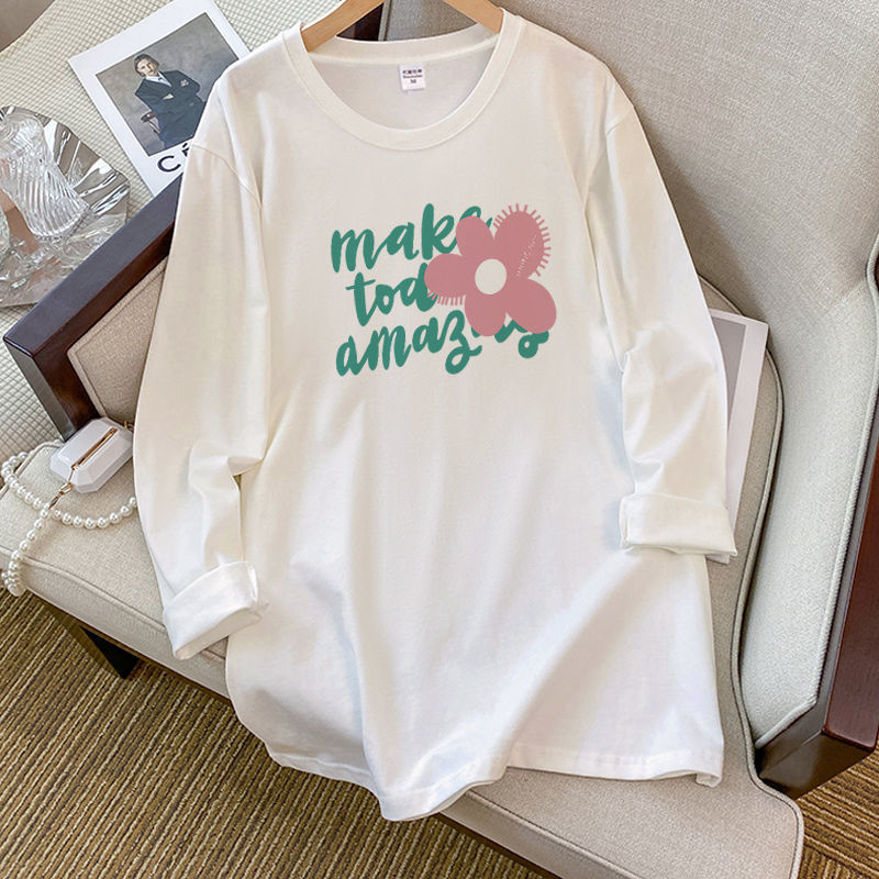 純綿長袖tシャツ女性秋新作韓国版ins潮オリジナルデザイン感プリント超美しいシャツ上着|undefined