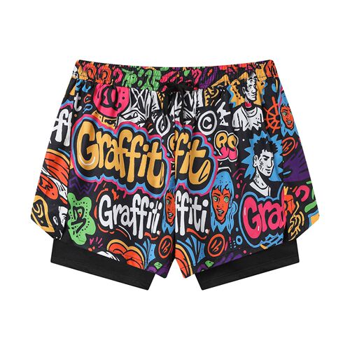 Men's swimming trunks double layer anti-embarrassment quick-drying shorts men's letter graffiti print hot spring beach shorts swimming equipment