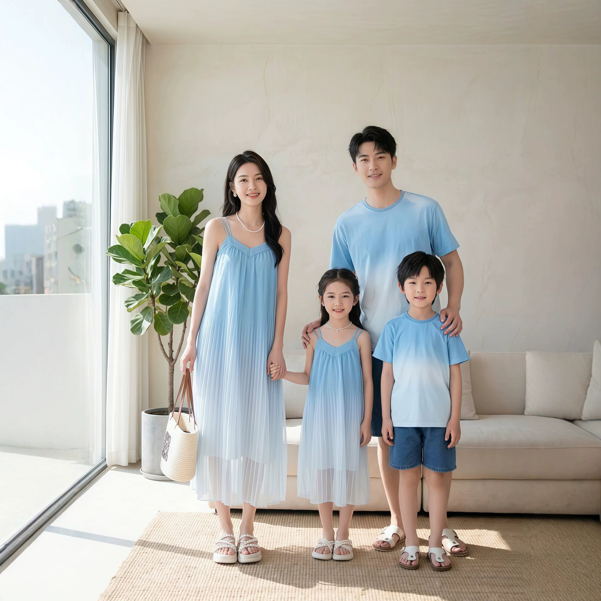 French-style family outfits for three, mother and daughter, perfect for a beach vacation. The sophisticated blue and purple gradient beach dress set exudes elegance.
