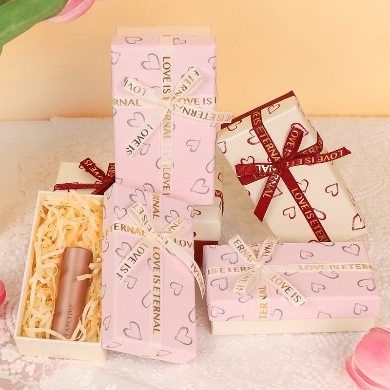Valentine's Day Small Gift Box, Exquisite Lipstick and Perfume Packaging Box, Gift Box for Girlfriend, Jewelry Box, Lid-And-Base Box, Bow-Knot Box, in Stock
