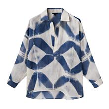 BM&MD&ZA早秋新款女装苎麻Polo领蓝色印花长袖衬衫 5101807