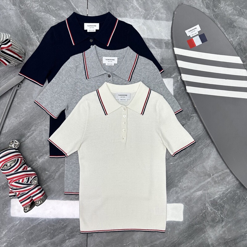 【Factory Store】Trendy Women's Fashion Casual Comfortable Slim Fit Colorful Striped Ribbed Turn-Down Collar Knitted Short Sleeve T-Shirt Polo Shirt