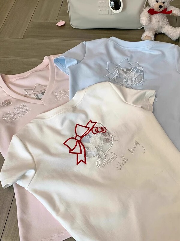 純粋な欲望スタイル中空レースキティ猫半袖 Tシャツ女性の夏スリム V ネック甘いホットガールショートトップ|undefined