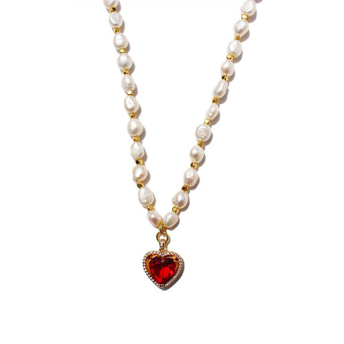 French Vintage retro elegant freshwater pearl red love necklace peach heart-shaped zircon bracelet trendy match 322