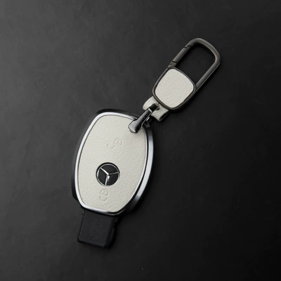 Made of Genuine Leather, High-End Shell, Car key bag - mercedes-benz-c-class-2-button-key-fob-case-ivory-white-square-buckle