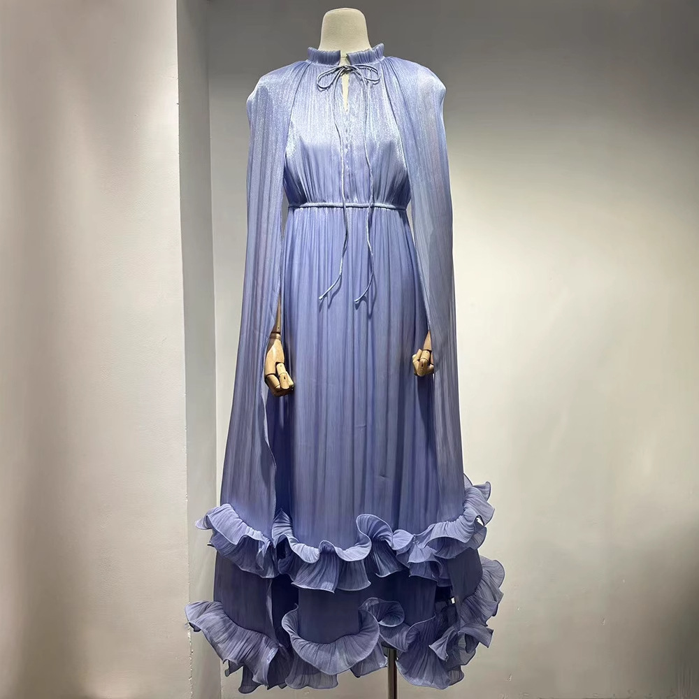 Opera Cape Dress – Double-Layer Ruffle Trim & Empire Waist (Navy/Blush/Chocolate, Polyester Blend, Flowing A-Line Silhouette For Regal Presence)_voghion.com