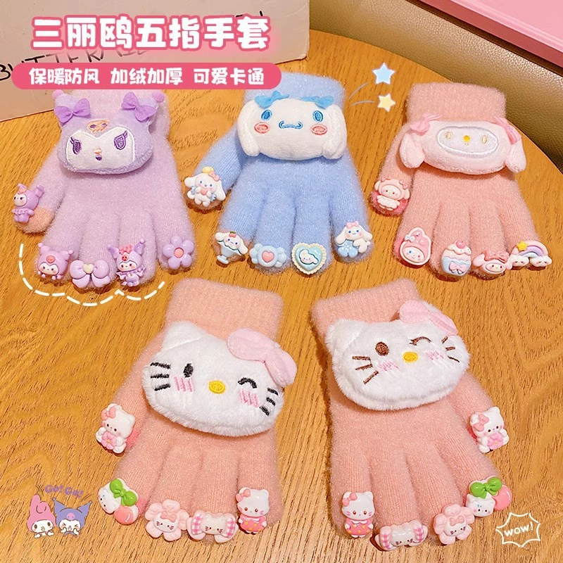 Игрушечные перчатки Sanrio для детей 2024 зима, новые для девочек Kuromi, пять пальцев, с бархатом, чтобы сохранять тепло и защищать пальцы