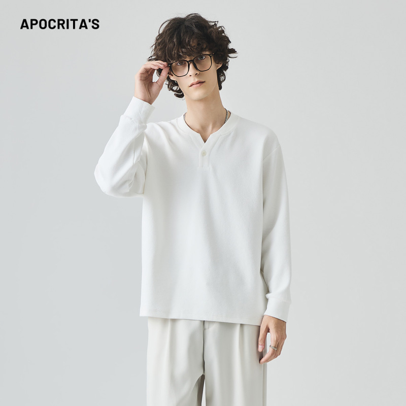 APO男装|跨境皱感肌理感男士长袖T恤高级感宽松V领内搭上衣打底衫|undefined