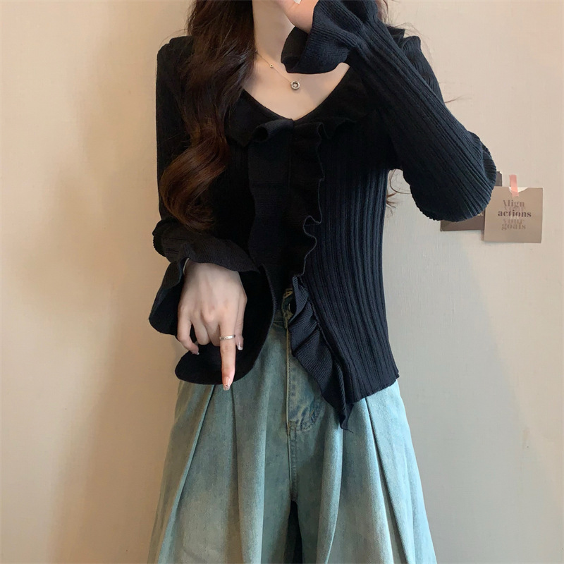 リアルショットとリアルプライスの秋冬の新しいパーソナライズされた甘くてスパイシーなスタイルの女性用Vネックカーディガンフリルデザインニットトップ|undefined