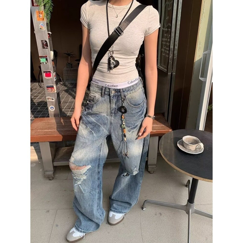 American Retro Ripped Letter Embroidered Jeans for Men and Women Loose Casual Straight Wide Leg Harajuku Trousers
