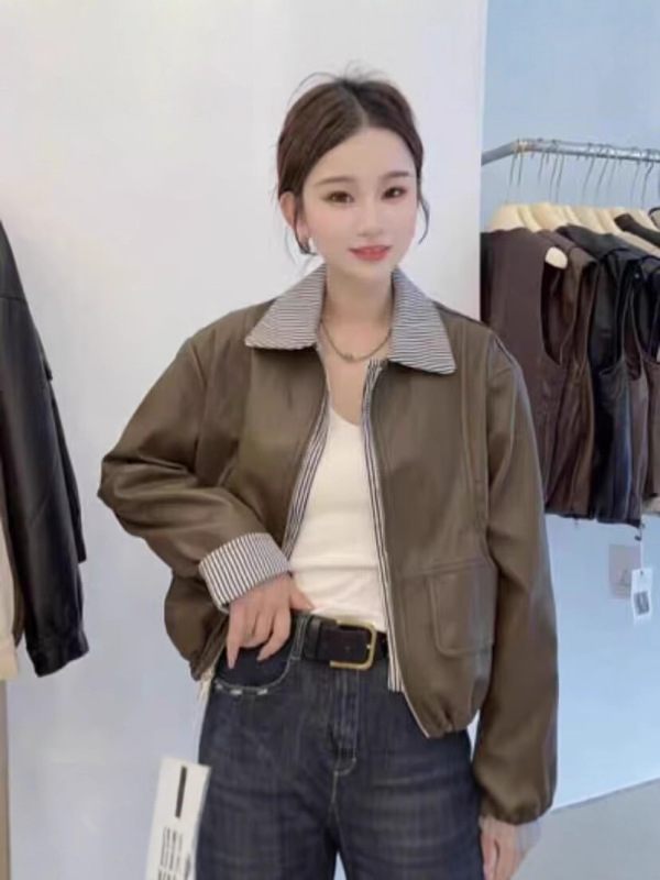 条纹拼接假两件皮衣外套女2025秋季新款休闲翻领pu皮夹克小个子潮|undefined