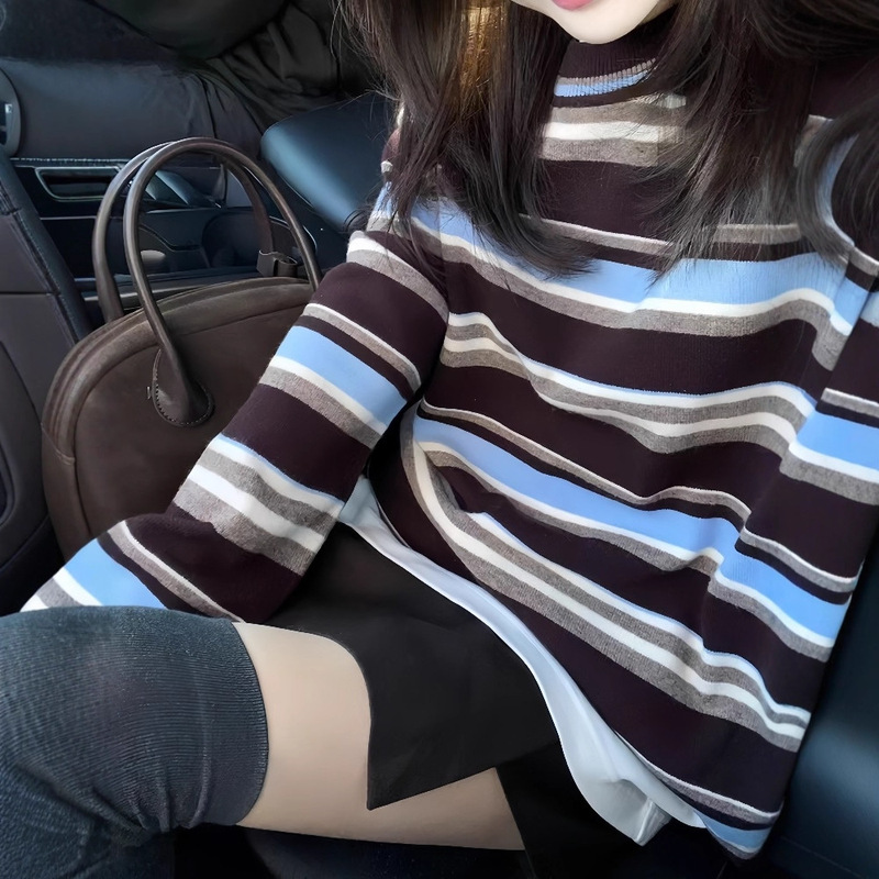 法式复古撞色条纹长袖毛衣女秋季独特超好看设计感宽松针织上衣潮|undefined