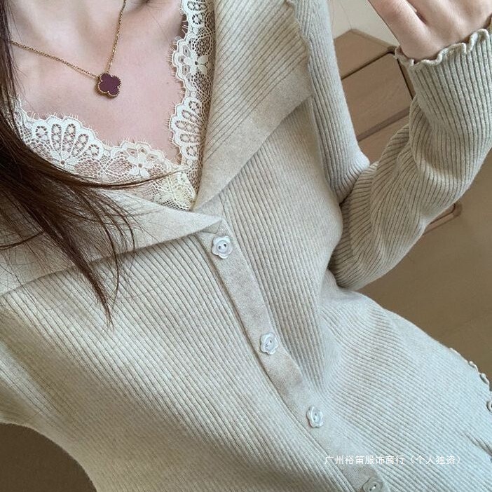 Fake Two-Piece Lapel Splicing Lace Long-Sleeved Sweater for Women Autumn and Winter New Slim-Fitting Inner Top