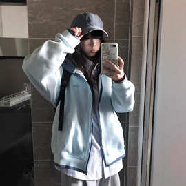 韩版复古连帽刺绣外套女2025秋冬慵懒风宽松卫衣开衫加绒加厚上衣
