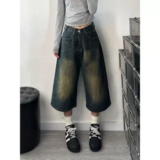 美式七分复古牛仔裤直筒牛仔短裤夏季新款高腰宽松阔腿裤子中裤
