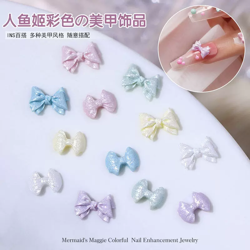 网红ins风美甲人鱼姬彩色爱心蝴蝶结饰品秋冬百搭指甲树脂饰品