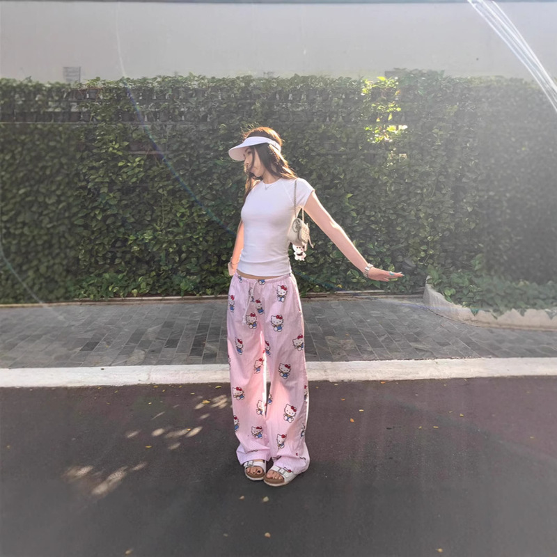 Cute Cartoon HelloKitty Pajama Pants Women's Summer New Arrival Outwear Walking Pants plus size Home Casual Trousers