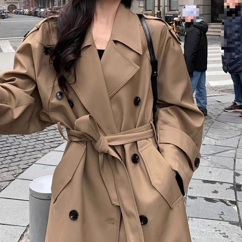 Cross-Border Long Trench Coat 2026 New Spring and Autumn Style for Petite Figures, Khaki Color, British Style, Extended Length, Casual and Elegant Coat