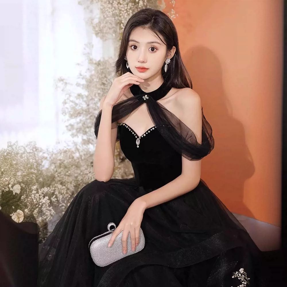 Vestido de noche negro para mujer, de alta gama, ligero y lujoso, exclusivo, ideal para anfitrionas, presentaciones de piano, exámenes de arte vocal, con un toque de sofisticación.