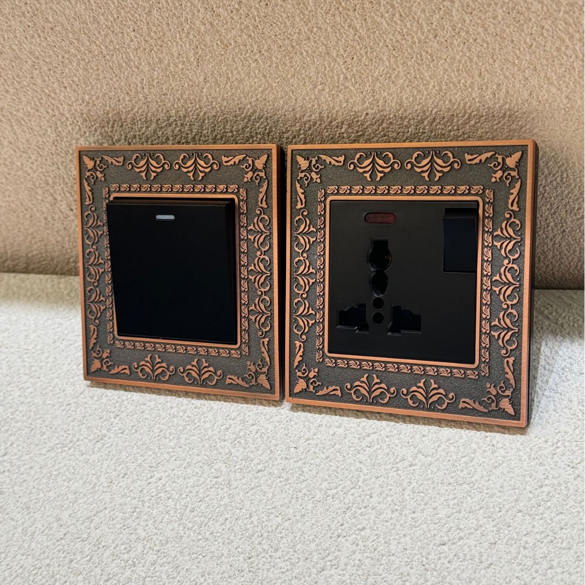 86英标复古美式红古铜翘板开关插座锌合金雕花别墅外贸轻奢双13a