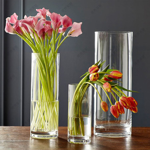 Wholesale vase glass transparent water bamboo flower arrangement cylindrical straight dining table vase simple wedding road lead floor flower device