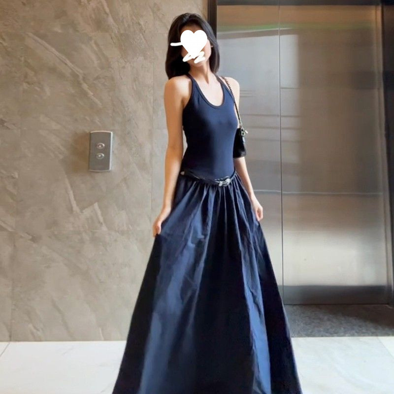蓝色无袖挂脖吊带背心连衣裙子女装夏季2025新款法式气质长裙
