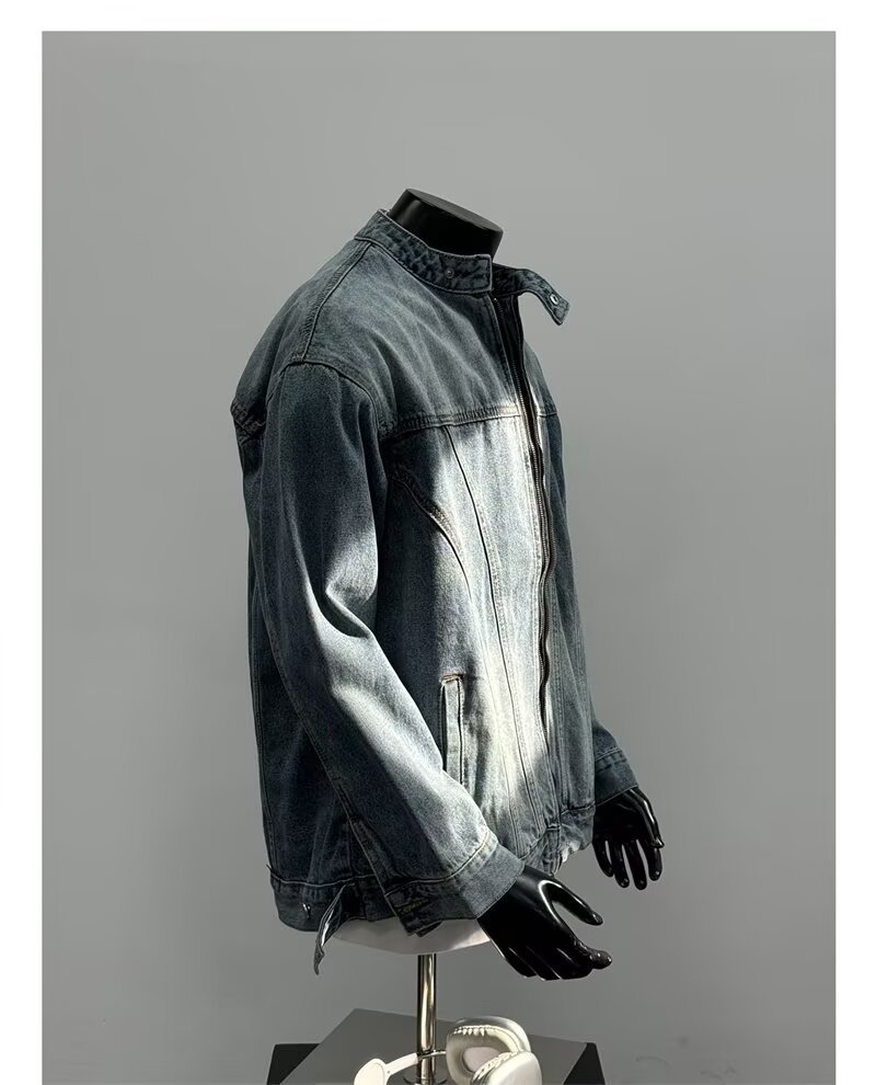 Washed Denim Jacket For Men Vintage Casual Stand Up Collar Coat_voghion.com