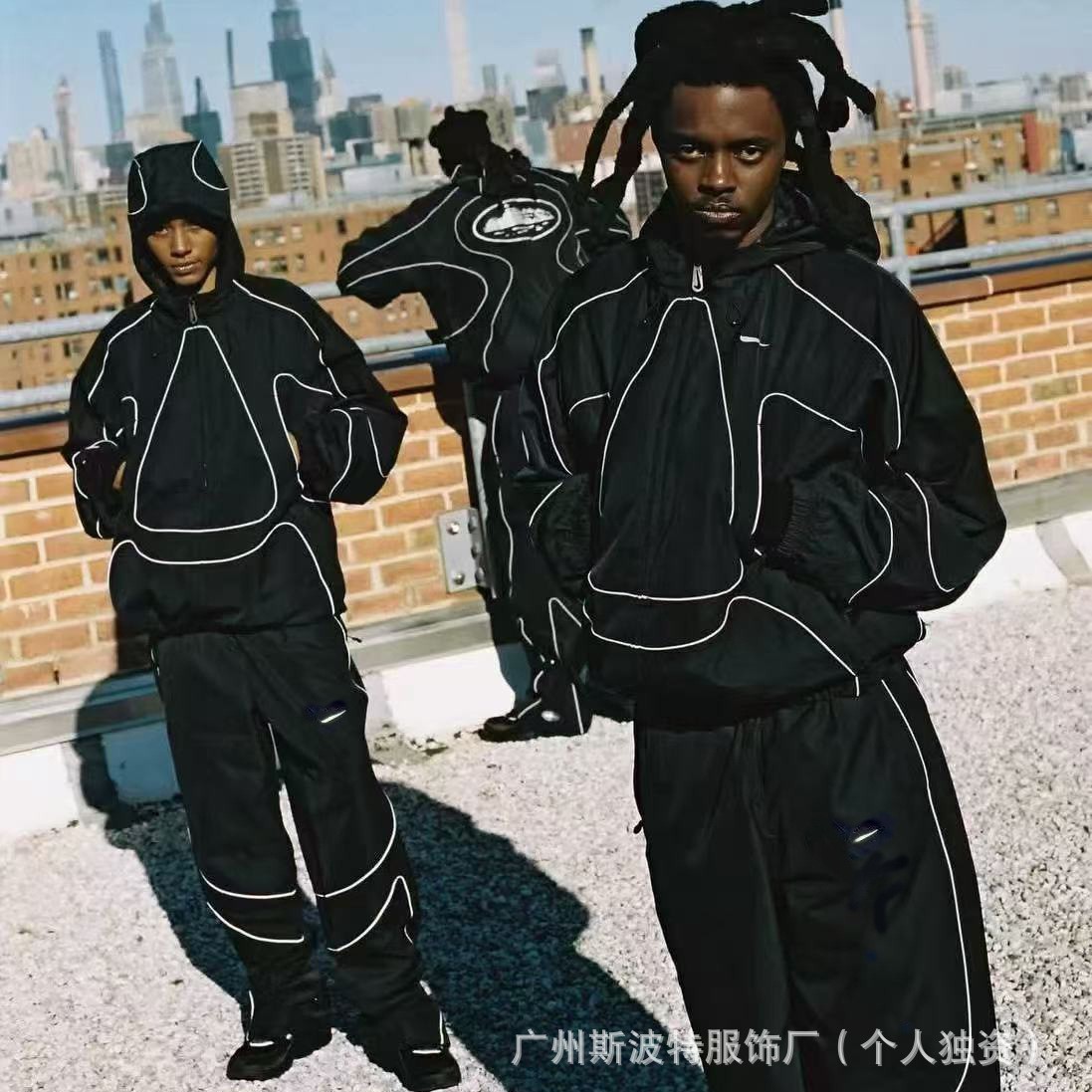 Cross-Border Nk Alcatraz Collaboration Hooded Jacket for Men and Women, Waterproof Reflective Strip Windbreaker, Top and Pants