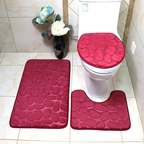 Rug bathroom toilet set household anti-slip water-absorbent mat coral velvet cobblestone print bathroom mat