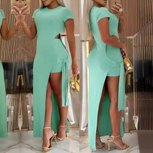 2024跨境亚马逊时尚修身性感开叉连衣裙套装女装