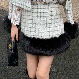 白色格子外套上衣高腰半身裙长袖翻领连衣裙三件套装 这里是短裙