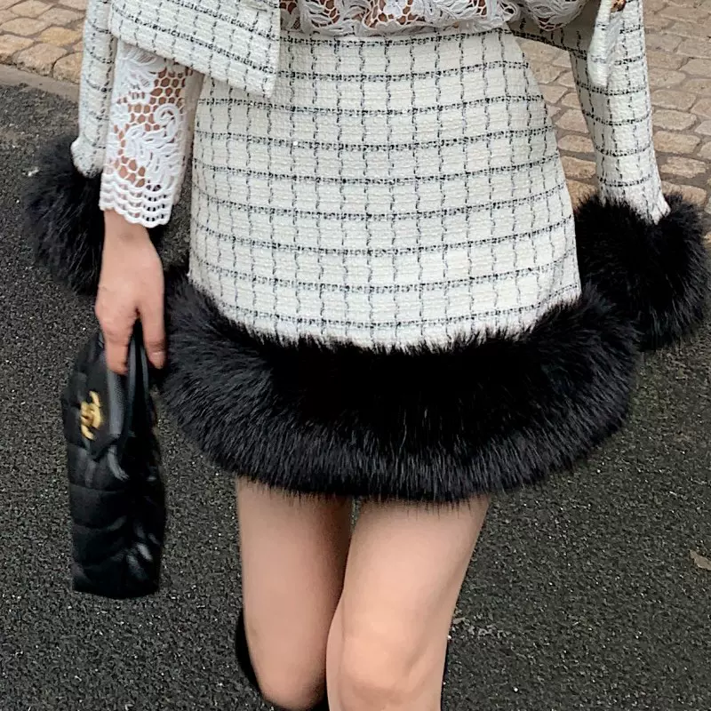 白色格子外套上衣高腰半身裙长袖翻领连衣裙三件套装 这里是短裙