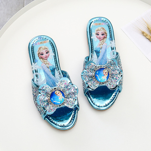 Children's slippers 2024 summer new style girls Elsa Princess Korean version girls' home indoor and outdoor rhinestone flat shoes