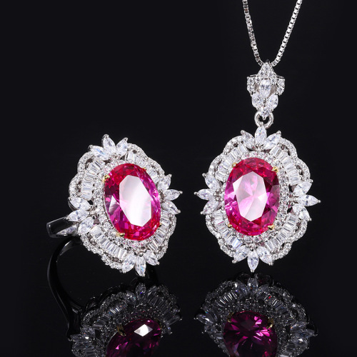 Zhuang Sheng Sheng Jewelry S925 Silver Hot Selling Simulation Rose Red Diamond Vintage Style Pendant Ring Set Main Stone 10*14