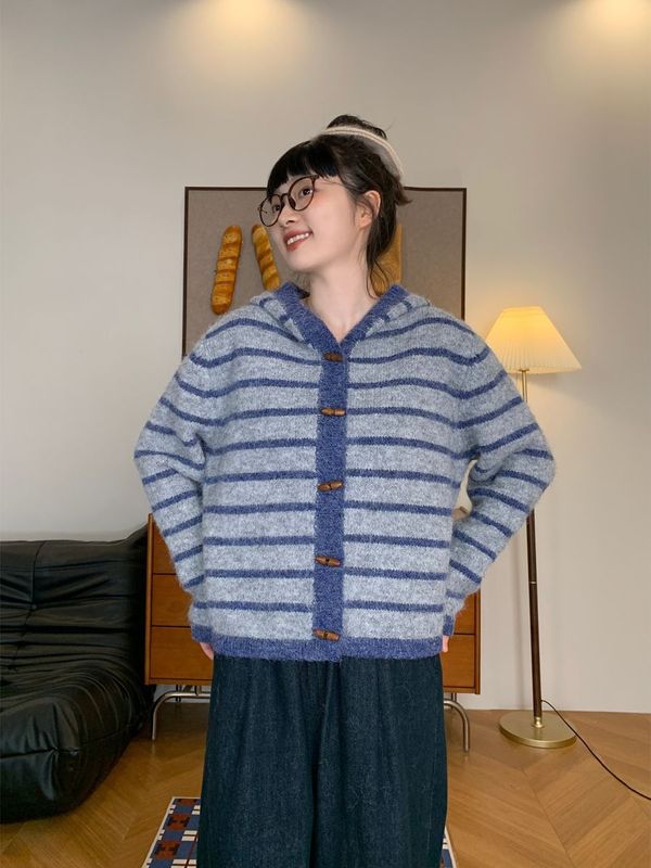 韩式条纹连帽橄榄扣毛衣开衫女秋冬慵懒风宽松撞色针织衫上衣外套|undefined