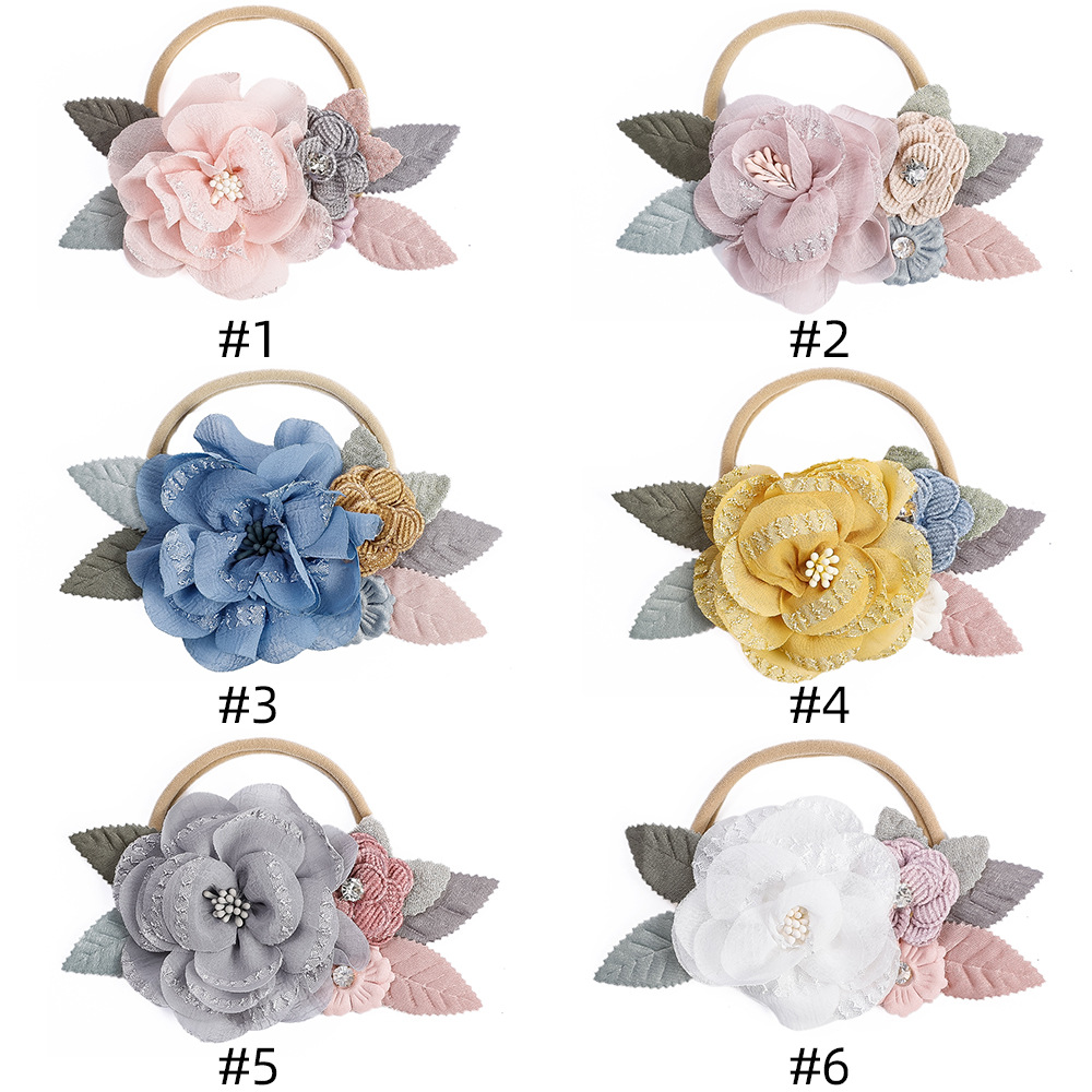 Accessori per capelli per bambini europei e americani, corda per la testa del bambino in nylon senza cuciture, combinazione di cuciture creative, cintura per capelli fini a forma di fiore, anello per capelli del bambino_voghion.com
