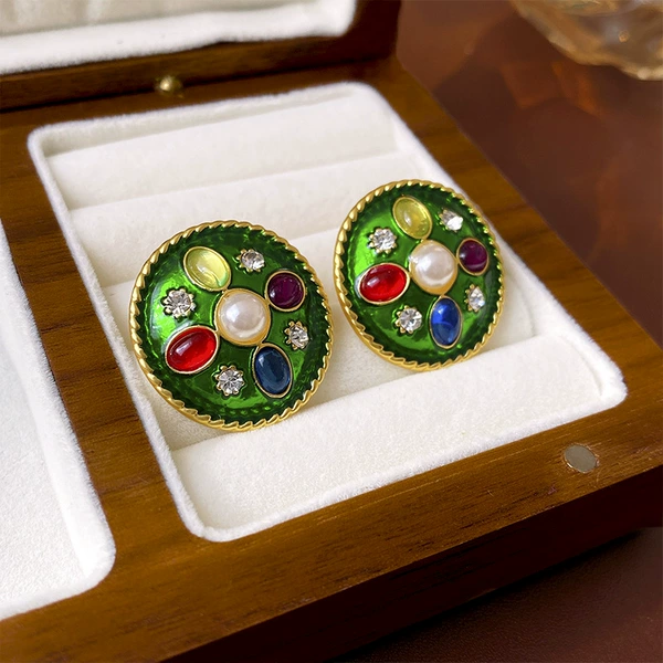 87#silver needle medium color glazed diamond pearl round earrings